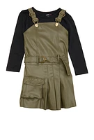 Little Girls Faux Leather Overall Dress with Tee, Green, Size 5-6