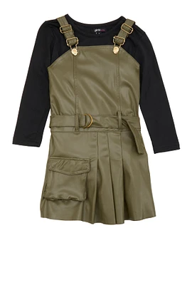 Little Girls Faux Leather Overall Dress with Tee, Green, Size 5-6
