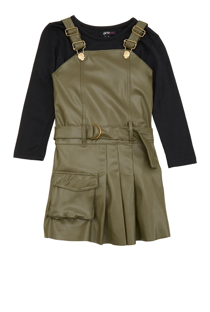 Little Girls Faux Leather Overall Dress with Tee, Green, Size 4