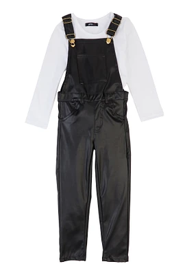 Little Girls Faux Leather Overalls with Long Sleeve Top, Black, Size 5-6