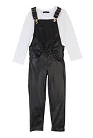 Little Girls Faux Leather Overalls with Long Sleeve Top, Black, Size 5-6