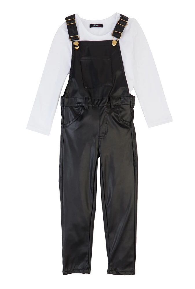 Little Girls Faux Leather Overalls with Long Sleeve Top, Black, Size 6X