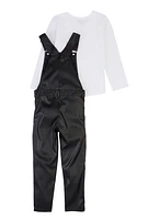 Little Girls Faux Leather Overalls with Long Sleeve Top, Black, Size 5-6