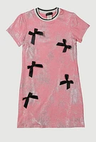 Girls Bow Detail Foil Screen Dress, Pink,