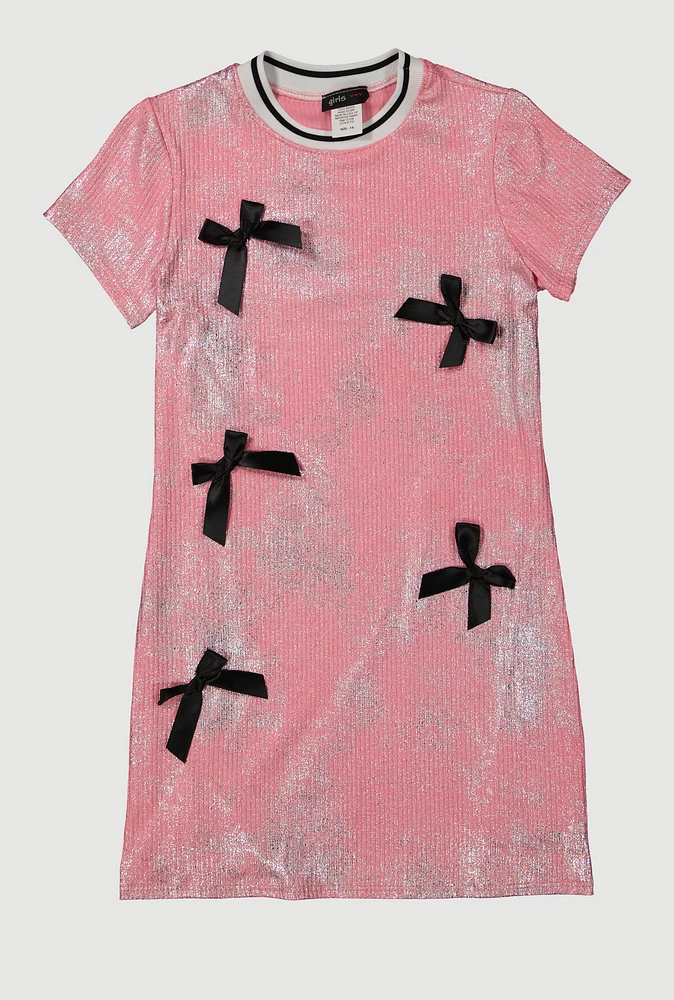 Girls Bow Detail Foil Screen Dress, Pink, Size 14-16