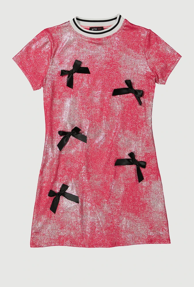 Girls Bow Detail Foil Screen Print Dress, Pink, Size 14-16
