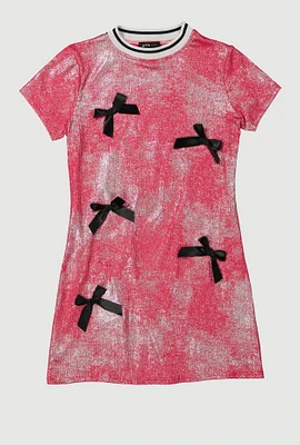Girls Bow Detail Foil Screen Print Dress, Pink, Size 14-16