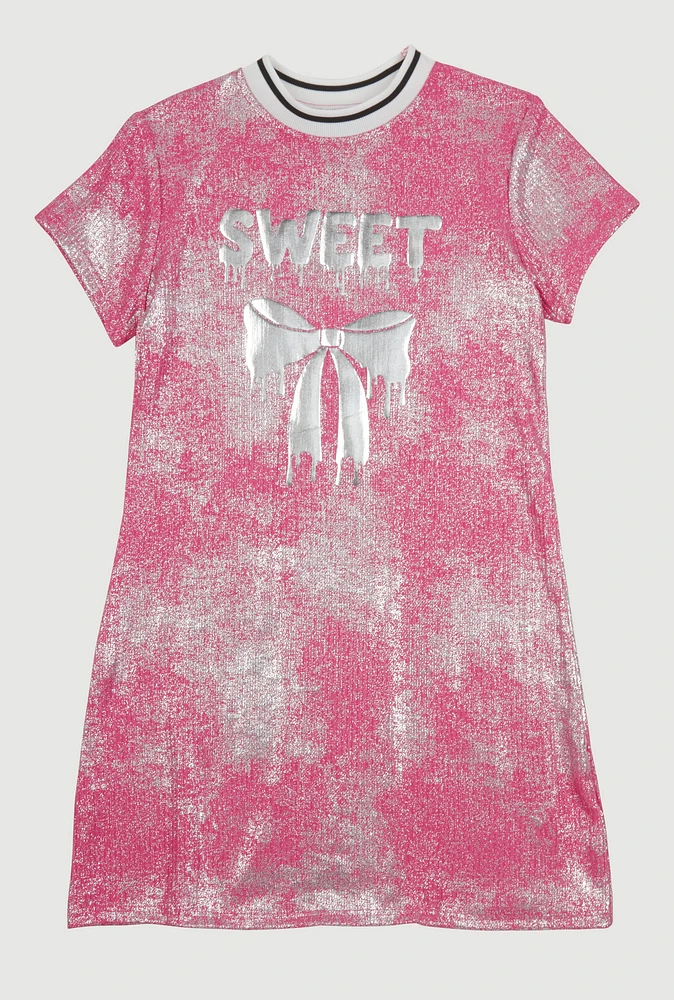 Girls Foil Screen Sweet Bow Graphic T Shirt Dress, Pink,