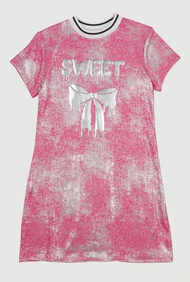 Girls Foil Screen Sweet Bow Graphic T Shirt Dress, Pink,