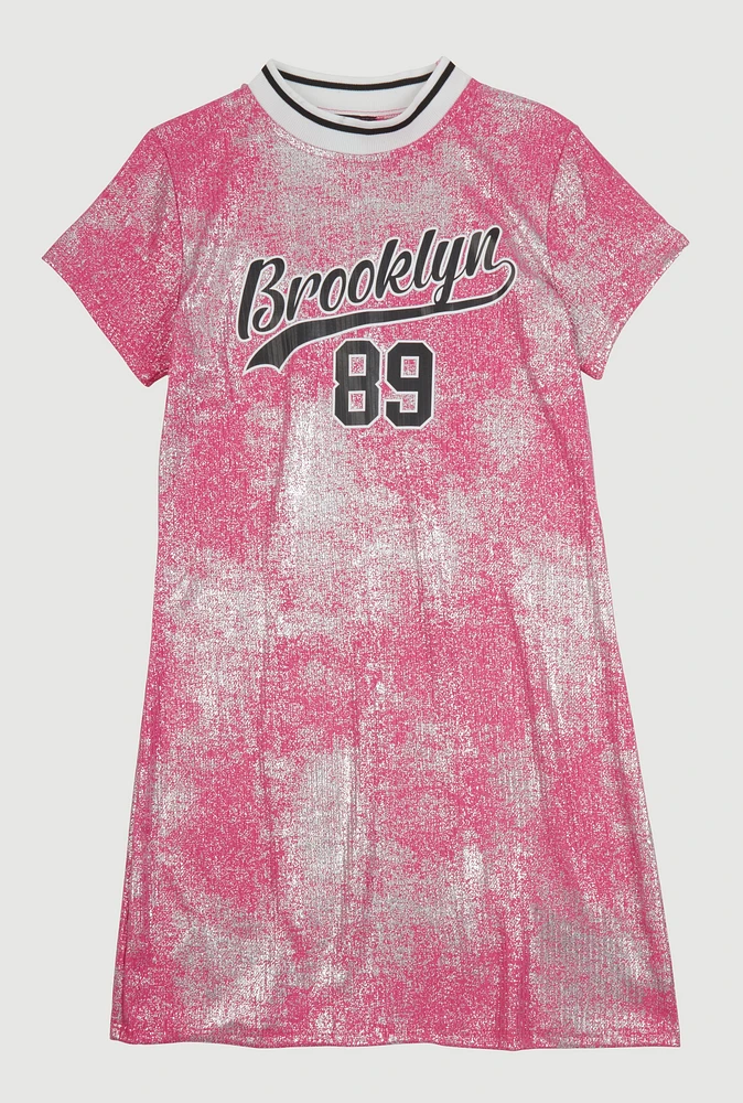 Girls Foil Screen Print Brooklyn 89 T Shirt Dress, Pink, Size 7-8