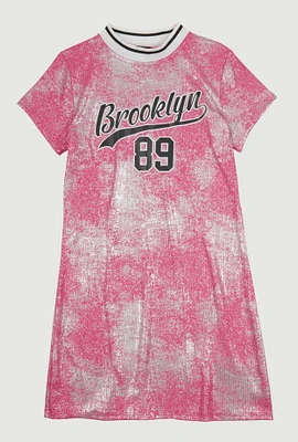 Girls Foil Screen Print Brooklyn 89 T Shirt Dress, Pink, Size 7-8