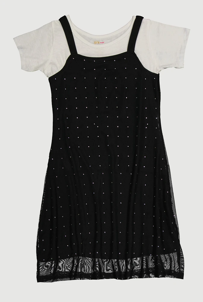 Girls Color Blocked Rhinestone Studded T Shirt Dress, Black,