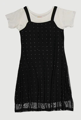 Girls Color Blocked Rhinestone Studded T Shirt Dress, Black,