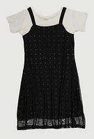 Girls Color Blocked Rhinestone Studded T Shirt Dress, Black,