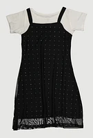 Girls Color Blocked Rhinestone Studded T Shirt Dress, Black,