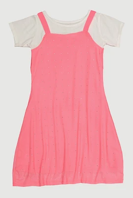 Girls Color Blocked Rhinestone Studded T Shirt Dress, Pink, Size 14-16