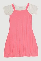 Girls Color Blocked Rhinestone Studded T Shirt Dress, Pink,