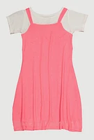 Girls Color Blocked Rhinestone Studded T Shirt Dress, Pink,