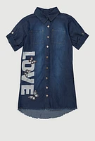 Girls Love Graphic Shirt Dress, Blue,