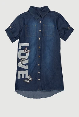 Girls Love Graphic Shirt Dress, Blue,