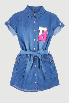 Girls Chambray B Initial Chenille Patch Shirt Dress, Blue, Size 14-16