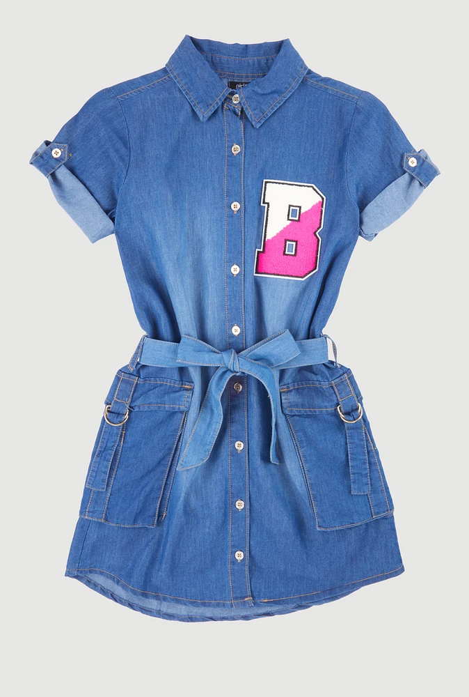 Girls Chambray B Initial Chenille Patch Shirt Dress, Blue, Size 7-8
