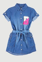 Girls Chambray B Initial Chenille Patch Shirt Dress, Blue, Size 7-8