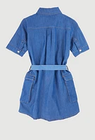 Girls Chambray B Initial Chenille Patch Shirt Dress, Blue, Size 7-8