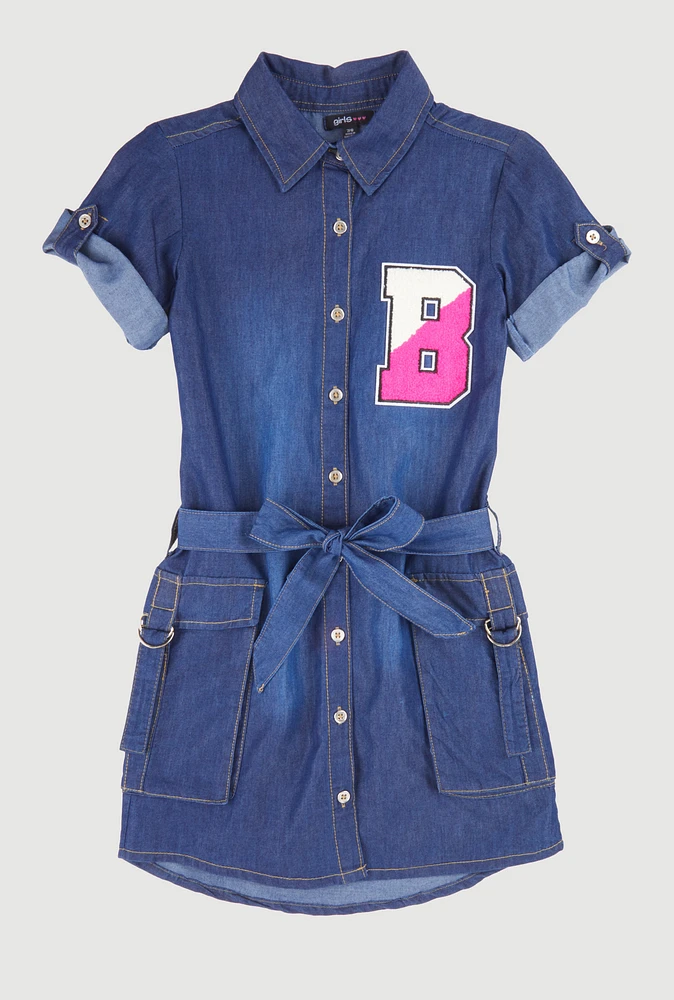 Girls Chambray B Initial Chenille Patch Shirt Dress, Blue,