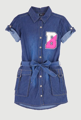 Girls Chambray B Initial Chenille Patch Shirt Dress, Blue,