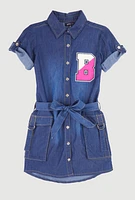 Girls Chambray B Initial Chenille Patch Shirt Dress, Blue,