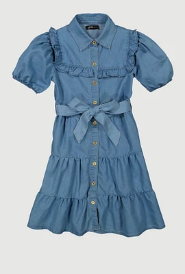 Girls Ruffle Detail Tiered Dress, Blue,