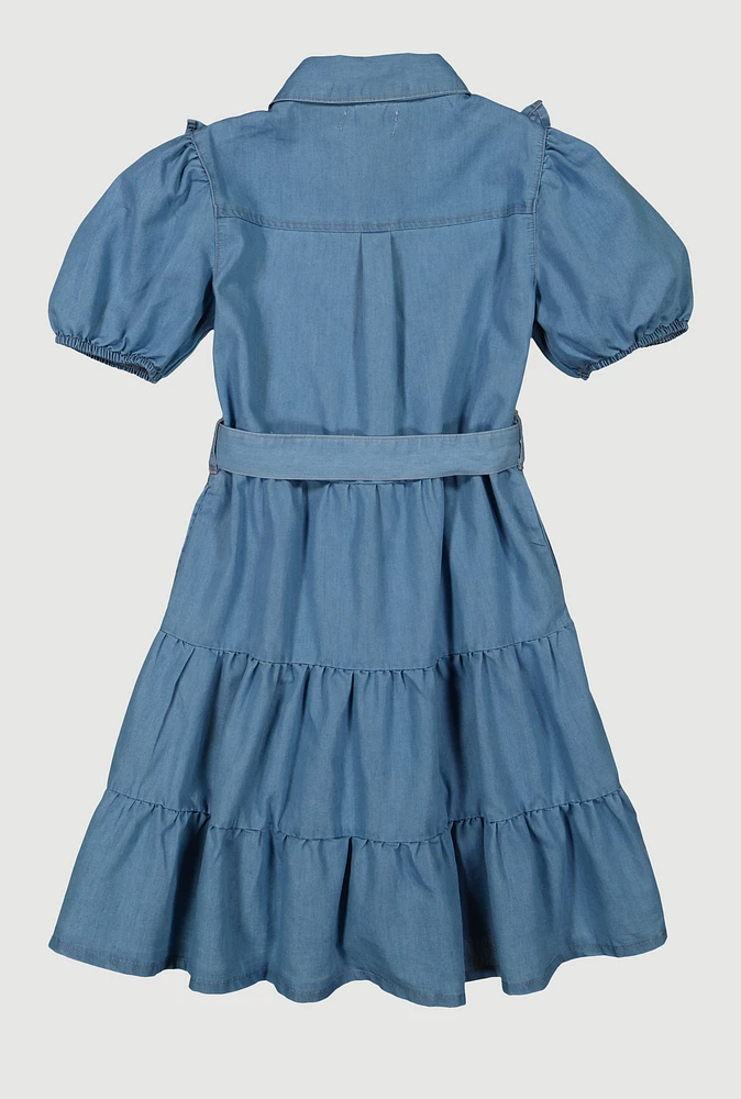 Girls Ruffle Detail Tiered Dress, Blue, Size 14-16