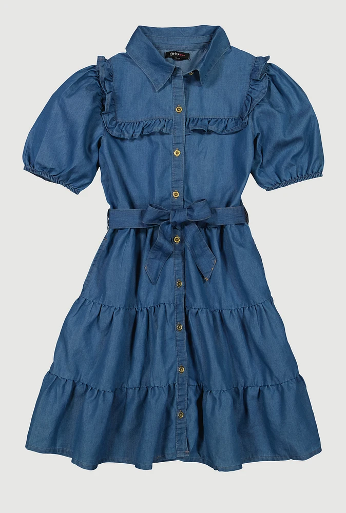 Girls Ruffle Detail Tiered Dress, Blue, Size 10-12