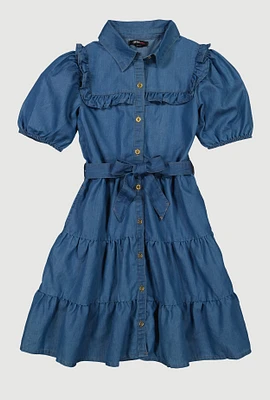 Girls Ruffle Detail Tiered Dress, Blue, Size 14-16