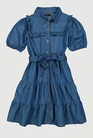 Girls Ruffle Detail Tiered Dress, Blue, Size 14-16