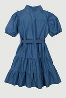 Girls Ruffle Detail Tiered Dress, Blue, Size 10-12