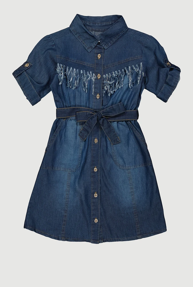 Girls Fringe Chambray Shirt Dress, Blue, Size 14-16