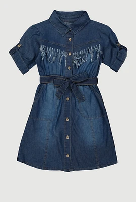 Girls Fringe Chambray Shirt Dress, Blue, Size 10-12