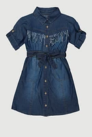 Girls Fringe Chambray Shirt Dress, Blue, Size 10-12