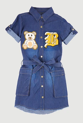 Girls B Initial Chenille Patch Chambray Shirt Dress, Blue, Size 10-12
