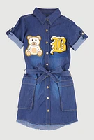 Girls B Initial Chenille Patch Chambray Shirt Dress, Blue, Size 10-12