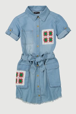 Girls Crochet Patch Chambray Shirt Dress, Blue, Size 10-12
