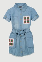 Girls Crochet Patch Chambray Shirt Dress, Blue, Size 10-12