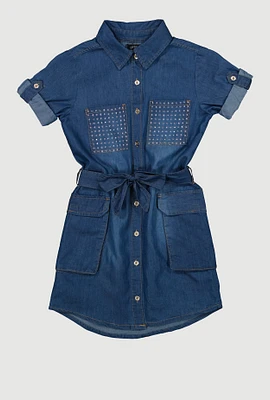 Girls Rhinestone Chambray Shirt Dress, Blue, Size 14-16