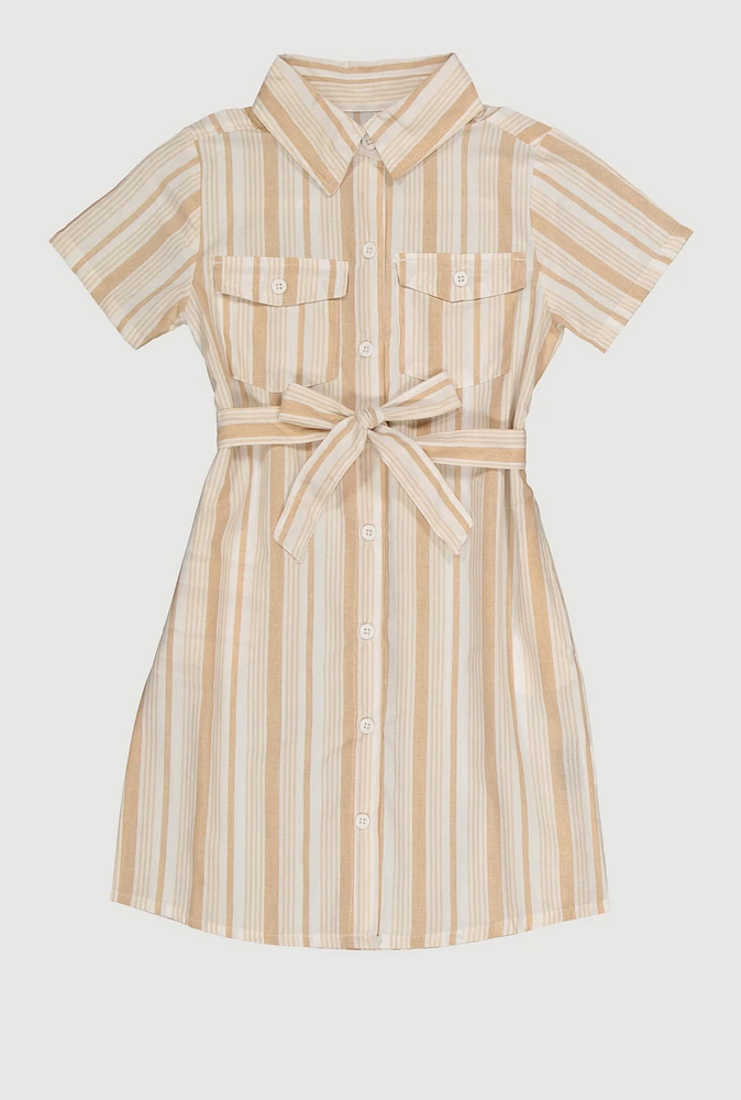 Girls Striped Tie Waist Belt Shirt Dress, Beige, Size 10-12