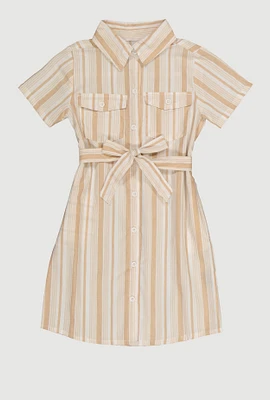 Girls Striped Tie Waist Belt Shirt Dress, Beige, Size 10-12