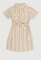Girls Striped Tie Waist Belt Shirt Dress, 7-8