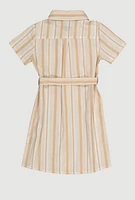 Girls Striped Tie Waist Belt Shirt Dress, Beige, Size 10-12