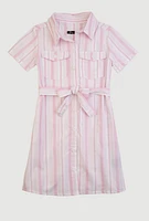 Girls Striped Tie Waist Belt Shirt Dress, Pink, Size 14-16